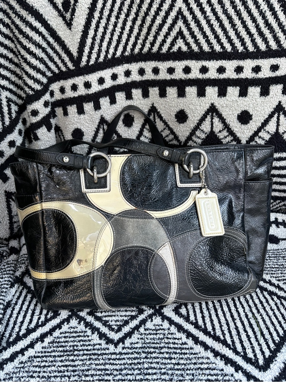 Coach Black Leather Circle Patchwork Tote with Cream and Gray Accents